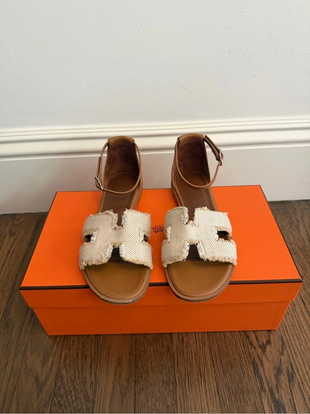 New Hermes Santorini Ankle Strap Sandals in Cream and Tan